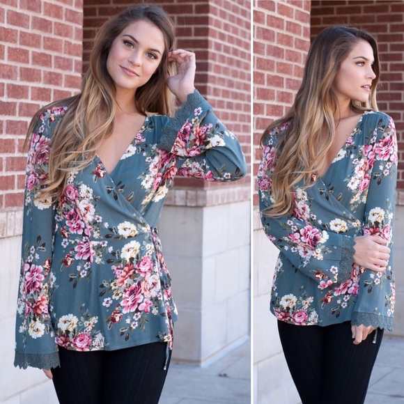 Tops - Teal Floral Wrap top